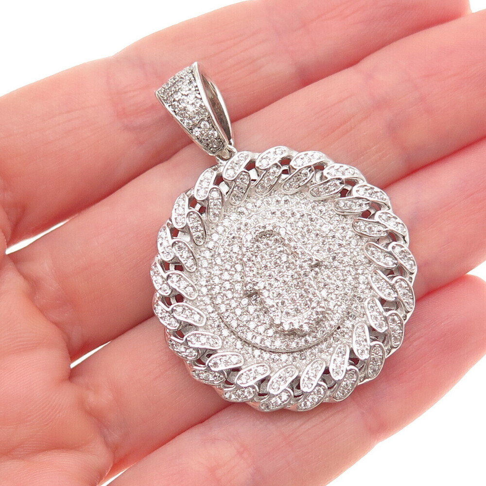 925 Sterling Silver Round-Cut C Z Hamsa Amulet Cuban Link Pendant